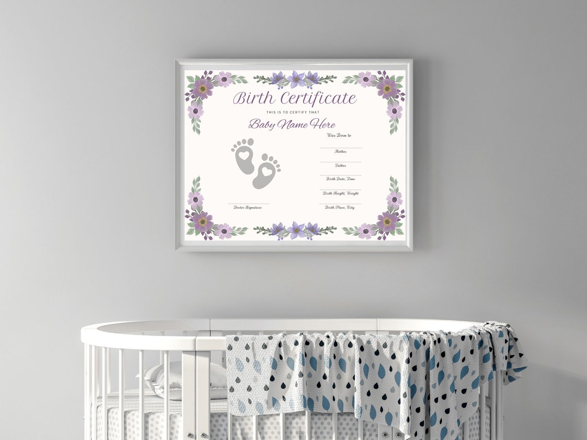 Baby Birth Certificate Keepsake Floral Template Footprint Print - Image 3