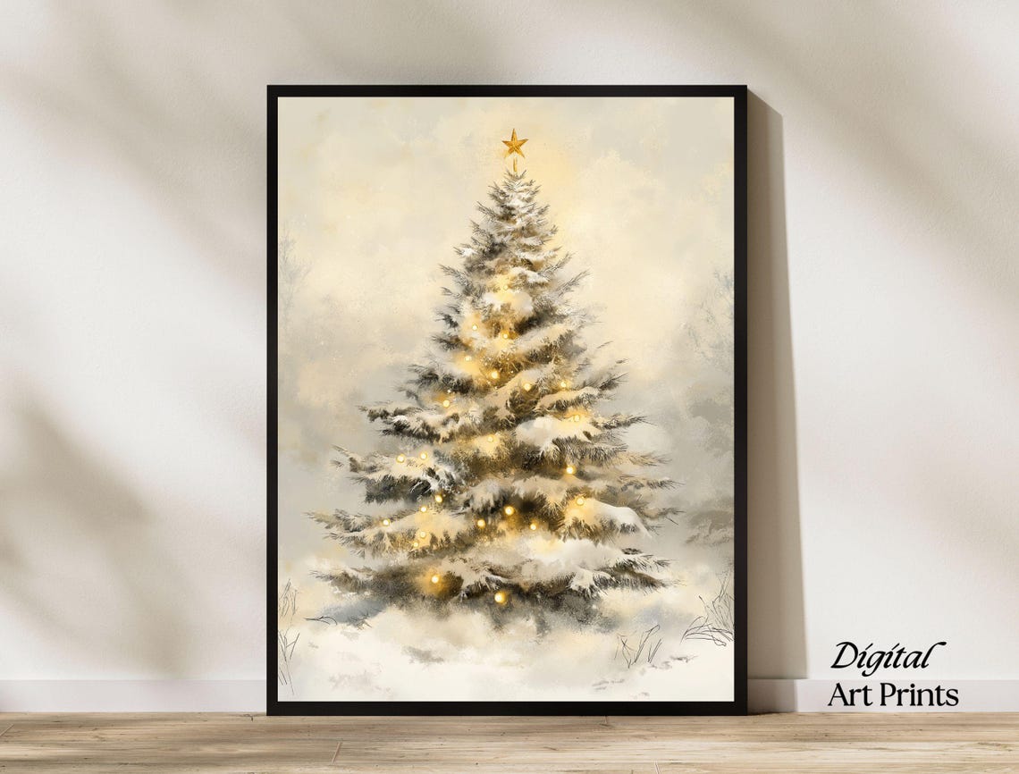 Snowy Vintage Christmas Tree With Warm Lights Neutral Holiday Poster