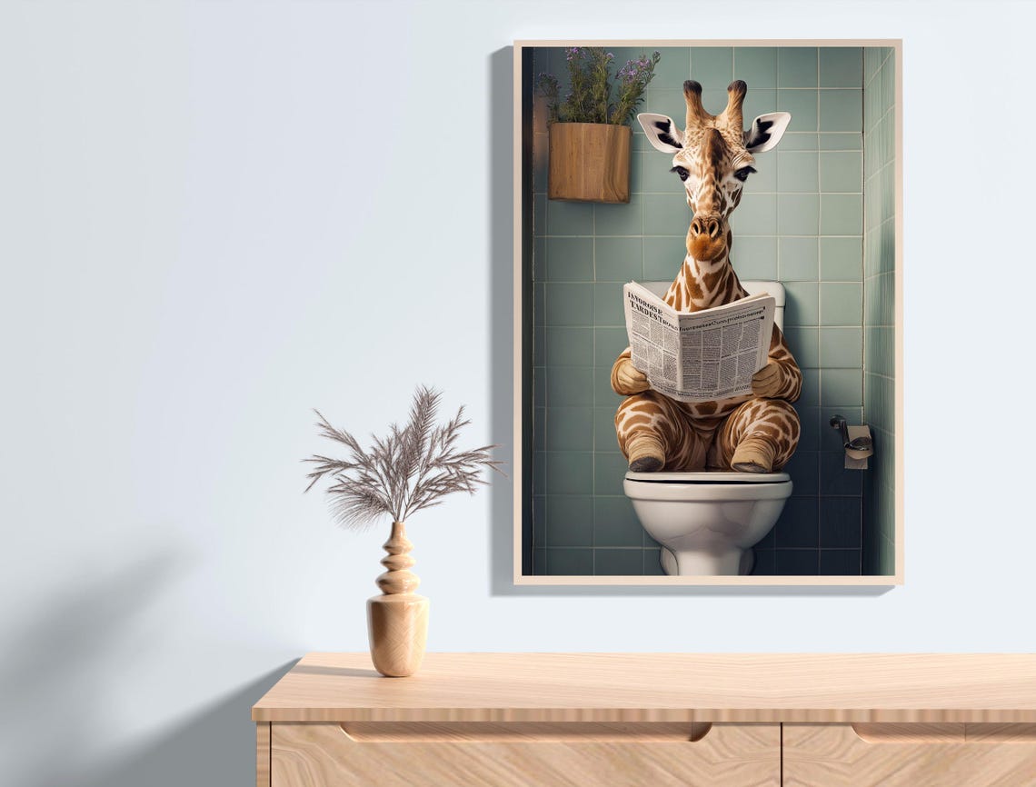 Funny Giraffe Toilet Newspaper Tiled Bathroom Humor Art Print - Image 3