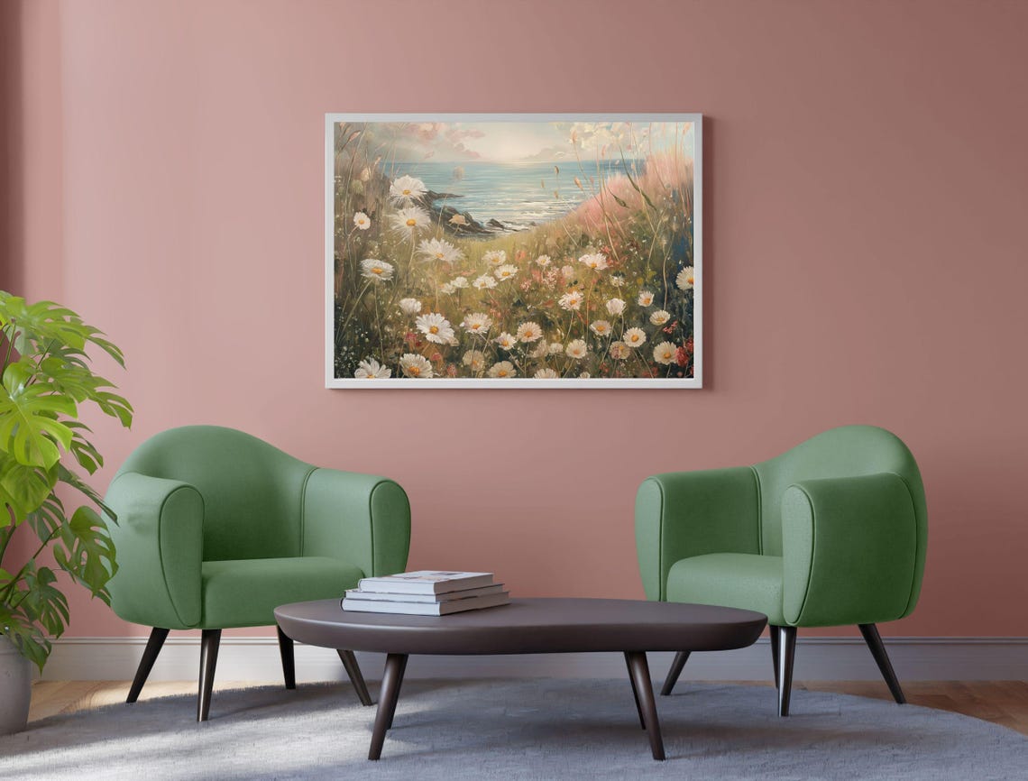 White Daisies Coastal Cliff Sea View Vintage Floral Art Poster - Image 6