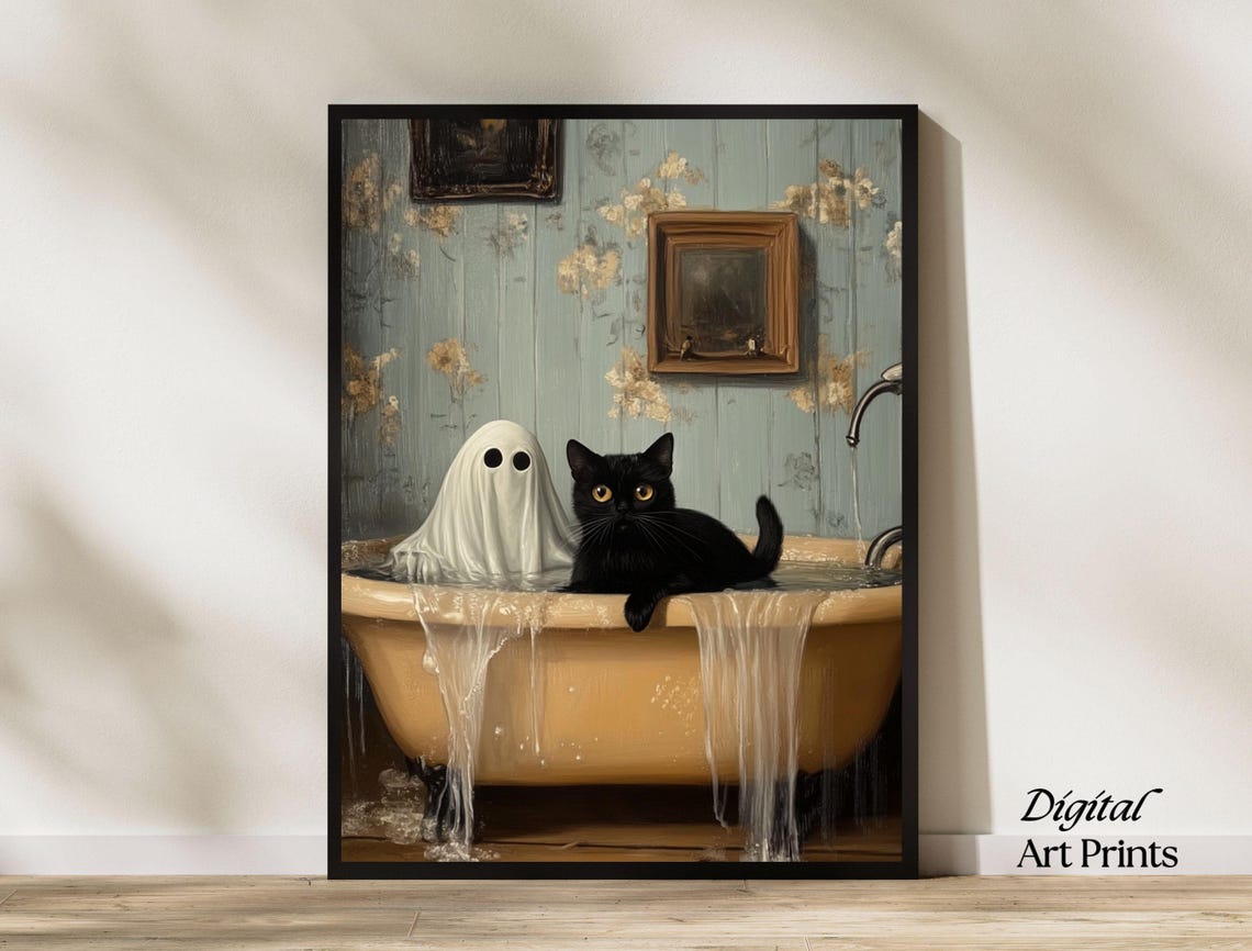 Black Cat and a Cute Ghost in a Spooky Overflowing Bathtub Poster