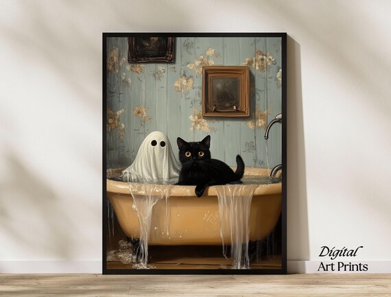 Black Cat and a Cute Ghost in a Spooky Overflowing Bathtub Poster