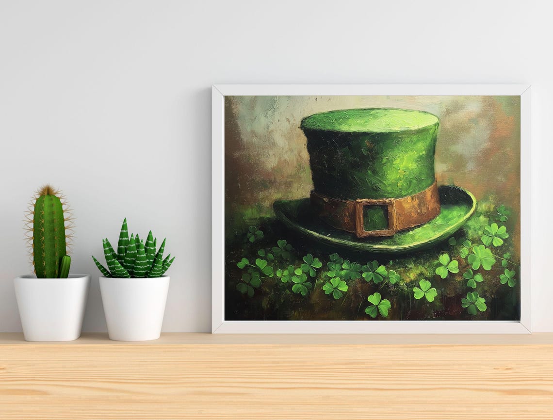 Lucky Green Leprechaun Top Hat Shamrock Field Irish Art Print - Image 3