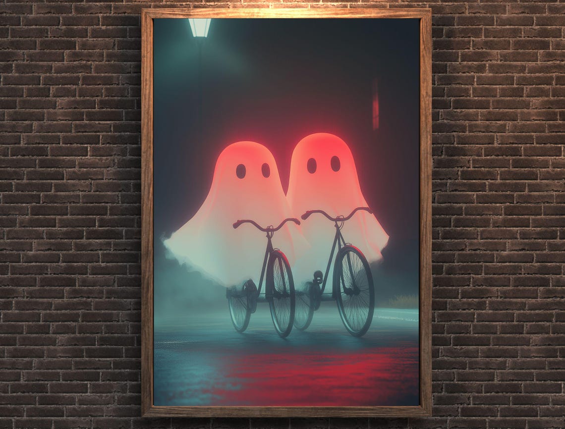 Two Glowing Red Ghosts Riding Bicycles Down a Neon Street Poster - Image 6