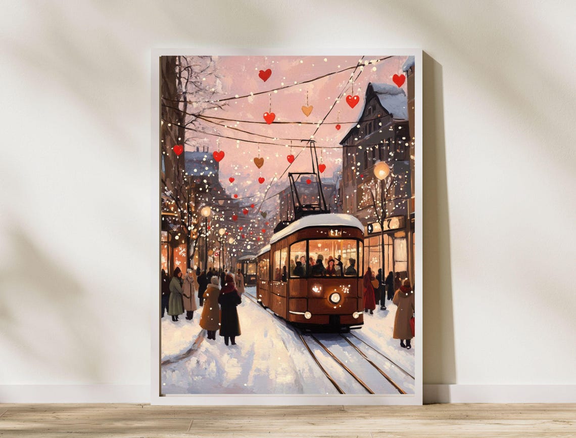 Pink Winter Dusk Tram Snowy Street Heart Garland Scene Art Print - Image 8