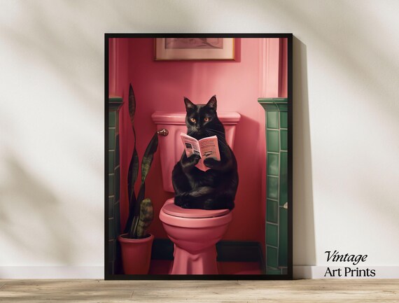 Black Cat Reading a Newspaper on a Retro Pink Toilet Funny Poster