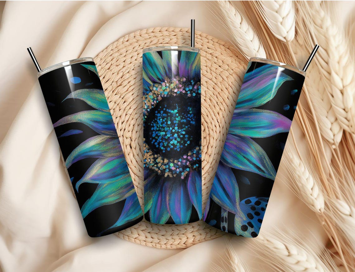 Iridescent Blue Sunflower Black Background Tumbler Wrap Design Print - Image 6