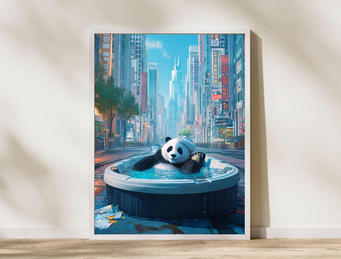Funny Giant Panda Hot Tub City Street Surreal Whimsy Art Print - Image 8