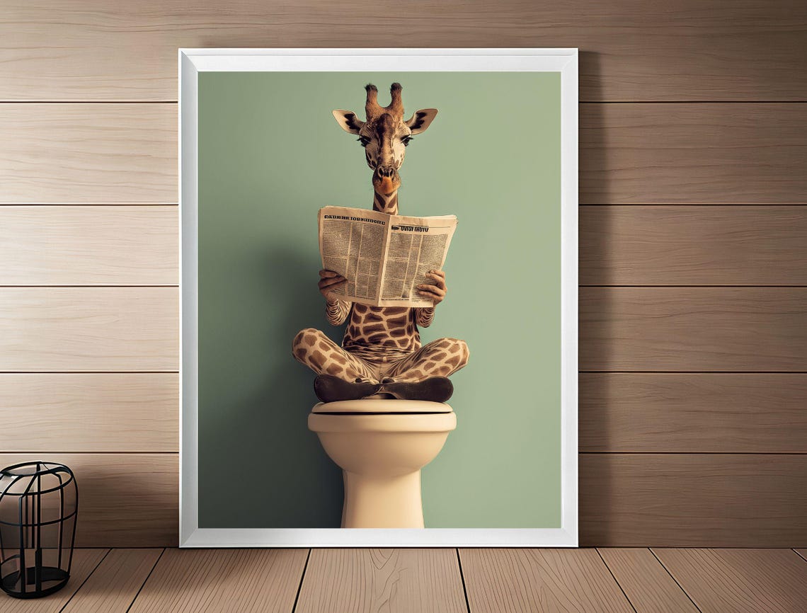 Funny Giraffe on Toilet Reading Newspaper Bathroom Art Print - Image 4