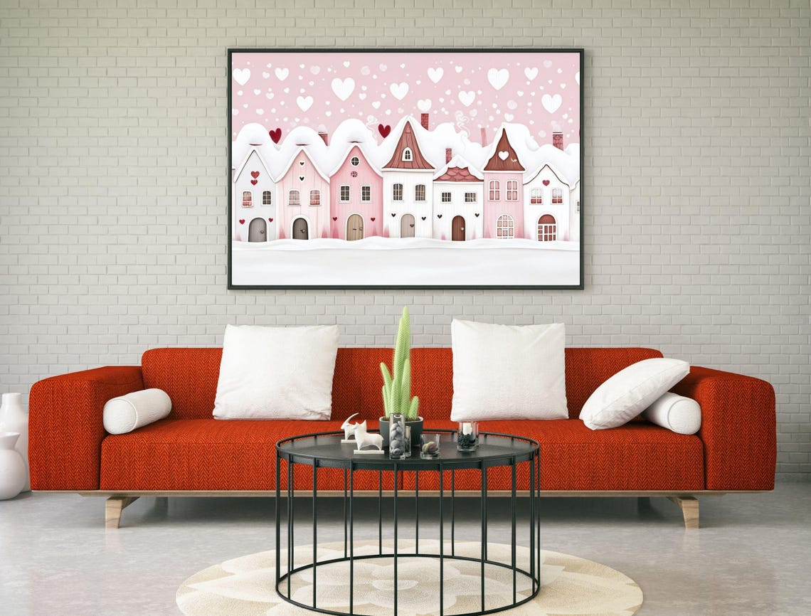 Blushing Pink Snow Village Falling Hearts Winter Romance Art Print - Image 6