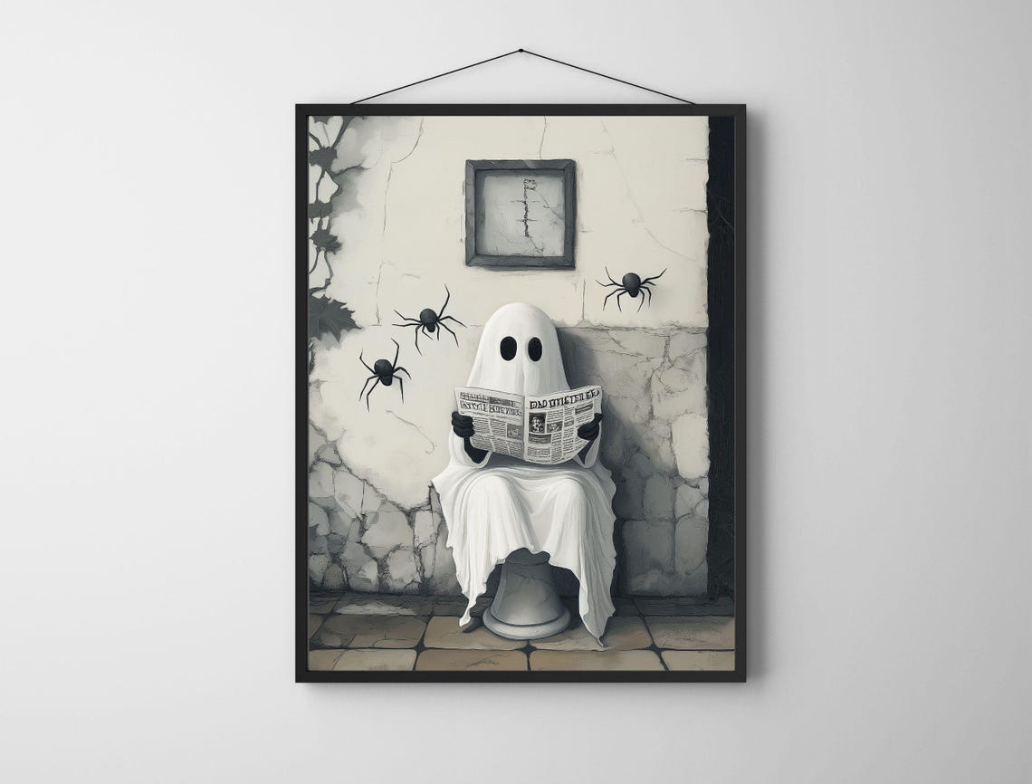 Sheet Ghost Reading a Newspaper on a Toilet Spooky Art Poster - Image 6