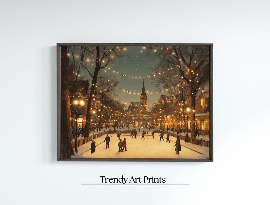 Winter Ice Skating Pond String Lights Church Vintage Art Print - Image 7