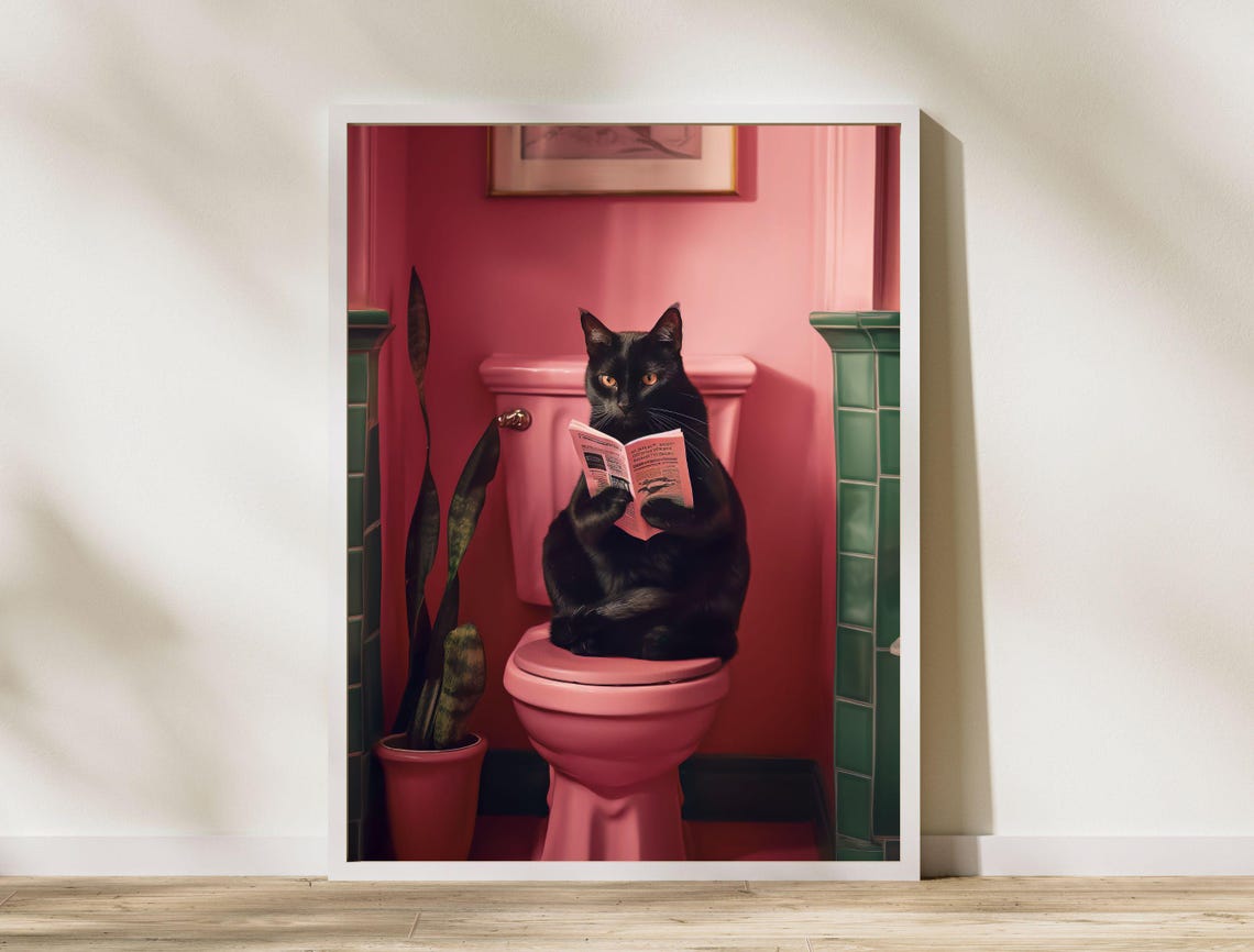 Black Cat Reading a Newspaper on a Retro Pink Toilet Funny Poster - Image 7