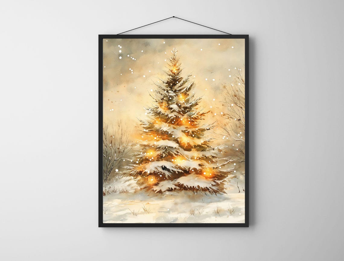 Glowing Snow Covered Pine Tree Winter Watercolor Holiday Poster - Image 6
