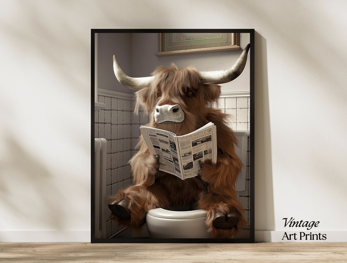 Funny Highland Cow Sitting on Toilet Reading Newspaper Poster