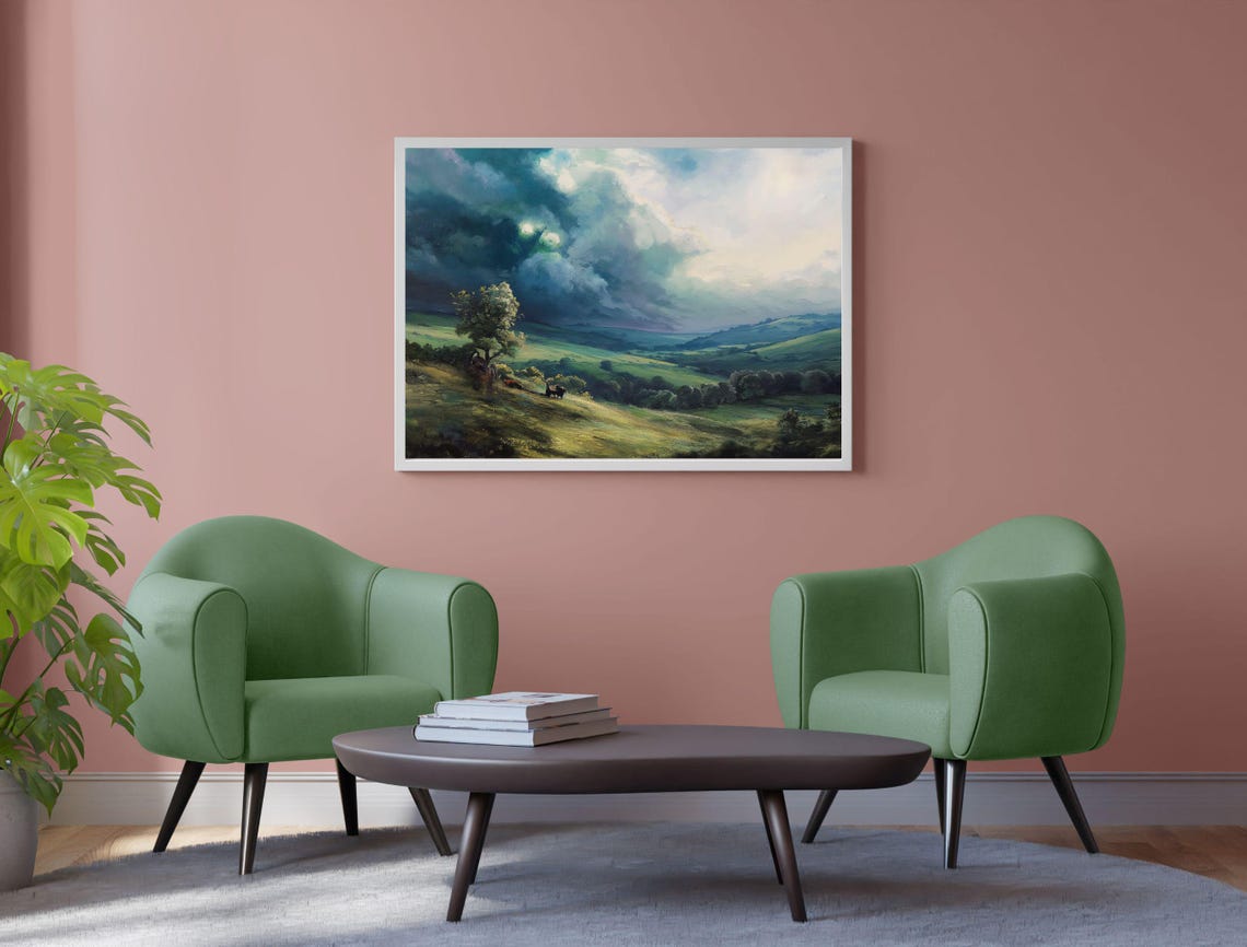 Stormy Green Hills Moody Vintage Landscape Oil Painting Poster - Image 2
