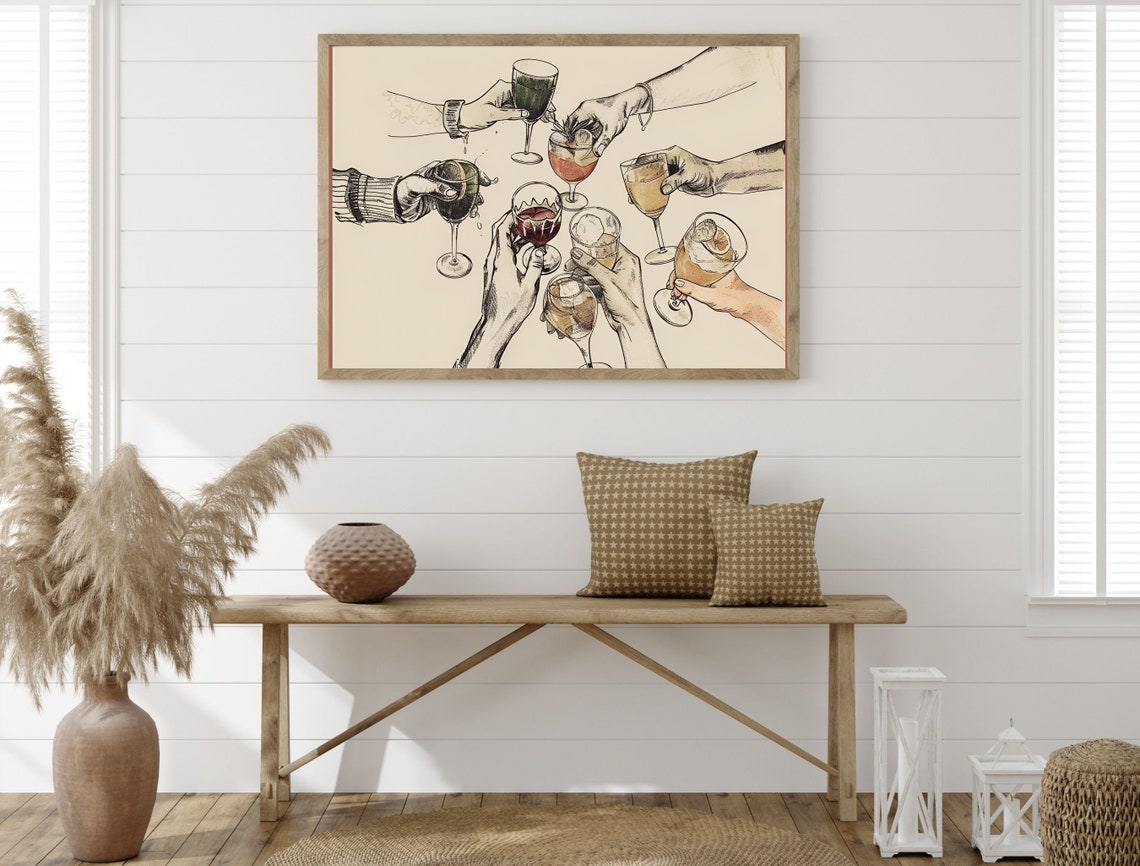 Cheers Toasting Wine Glasses Sketch Bar Cart Celebration Art Poster - Image 4