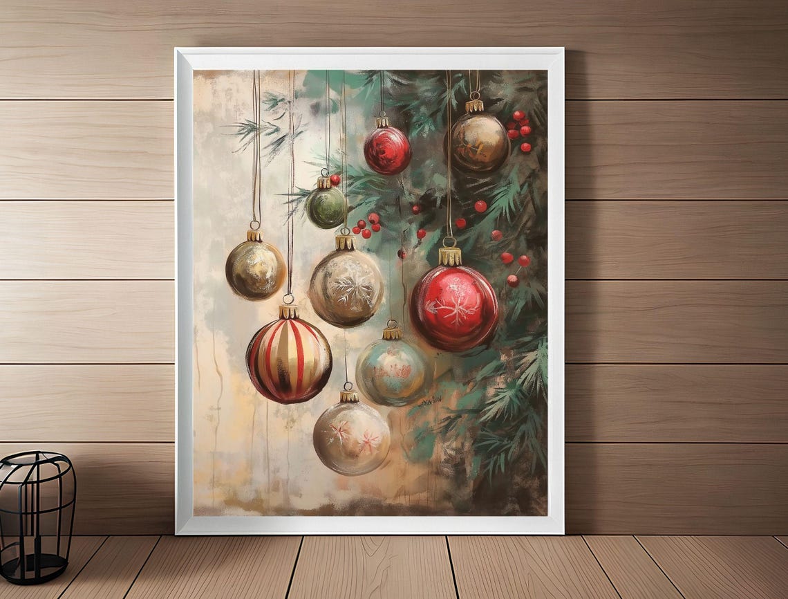 Vintage Christmas Ornaments Hanging Baubles Pine Holiday Art Poster - Image 2