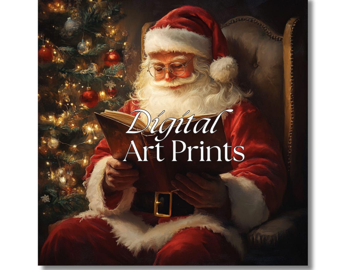 Santa Claus Reading Book by Christmas Tree Cozy Holiday Poster - Image 2