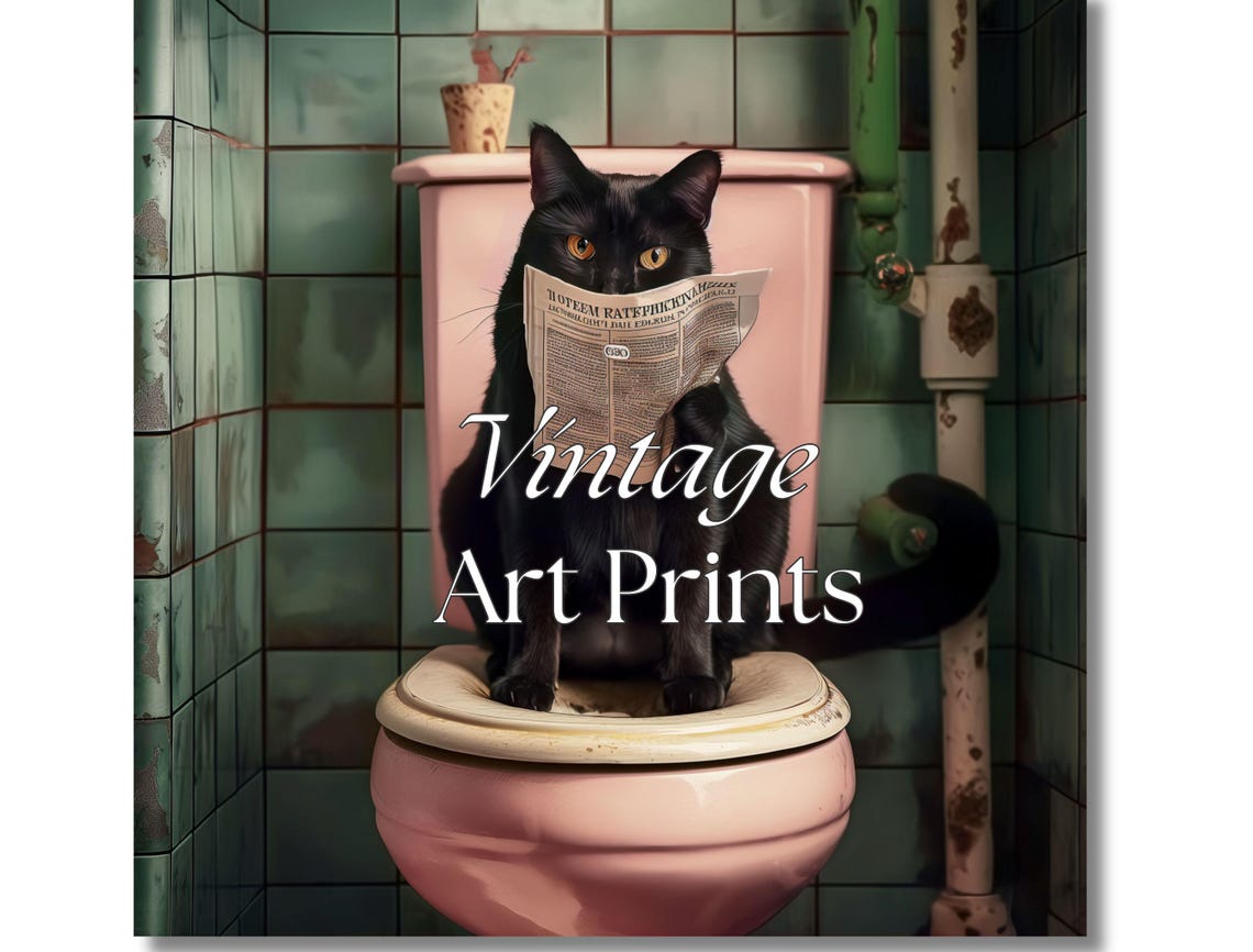 Funny Black Cat Sitting on Toilet Reading Newspaper Bathroom Poster - Image 2