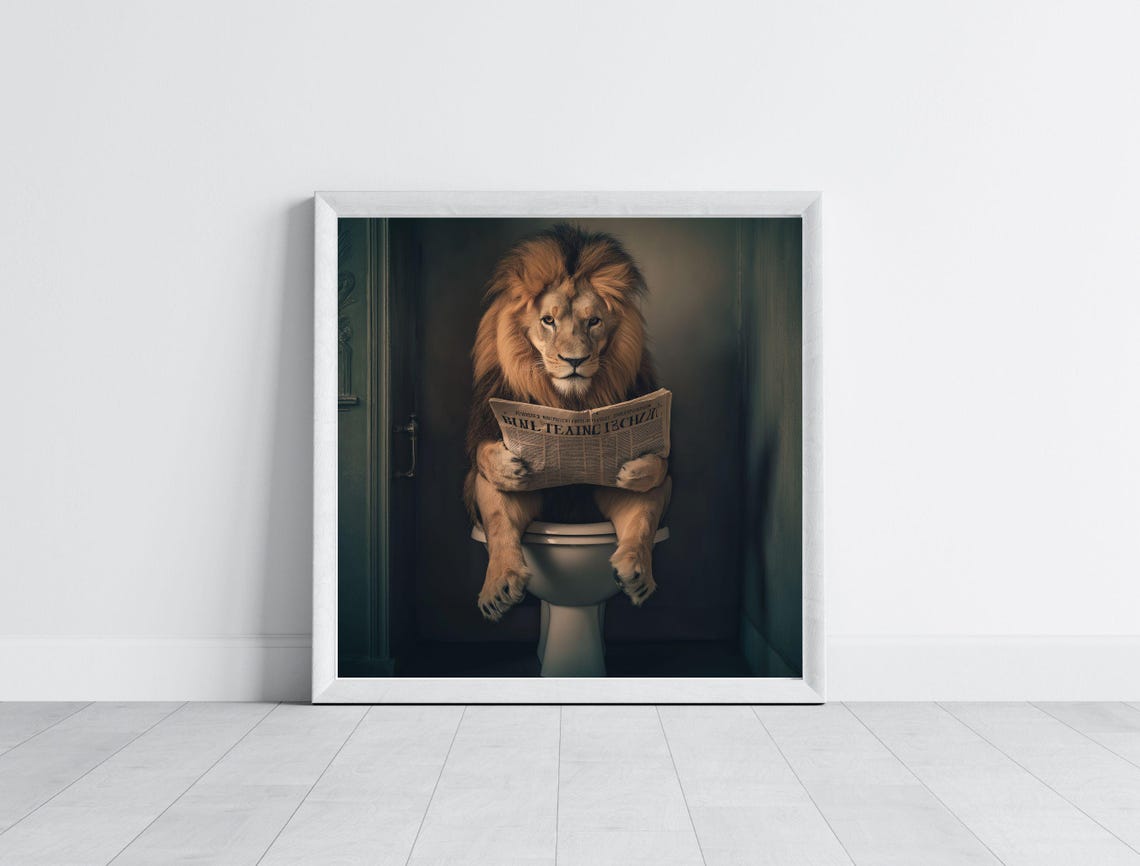 Funny Lion Sitting on Toilet Reading Newspaper Bathroom Art Print - Image 3