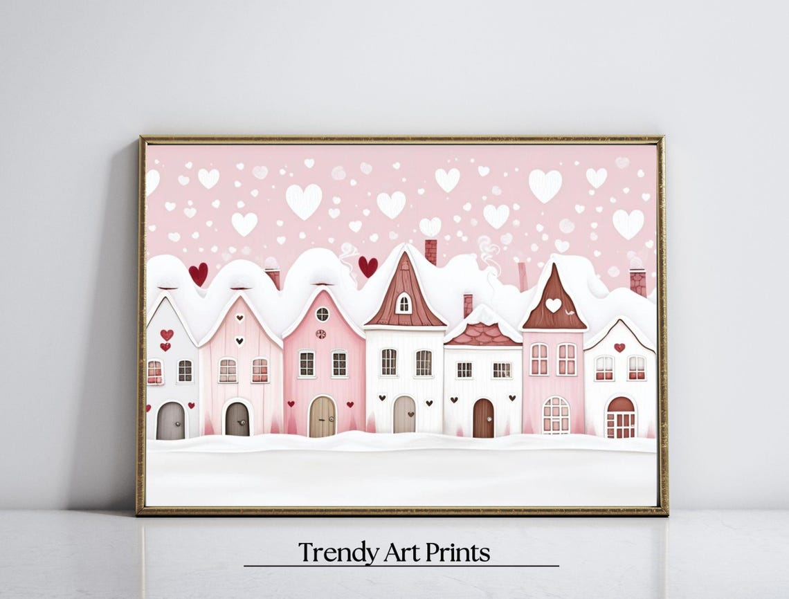 Blushing Pink Snow Village Falling Hearts Winter Romance Art Print - Image 8