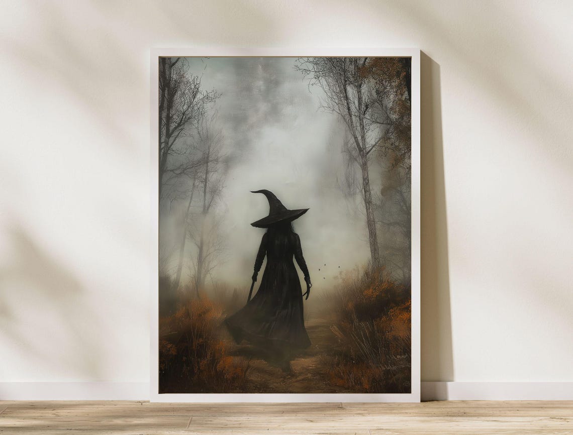 Witch Silhouette Walking Away Into a Misty Autumn Forest Poster - Image 5