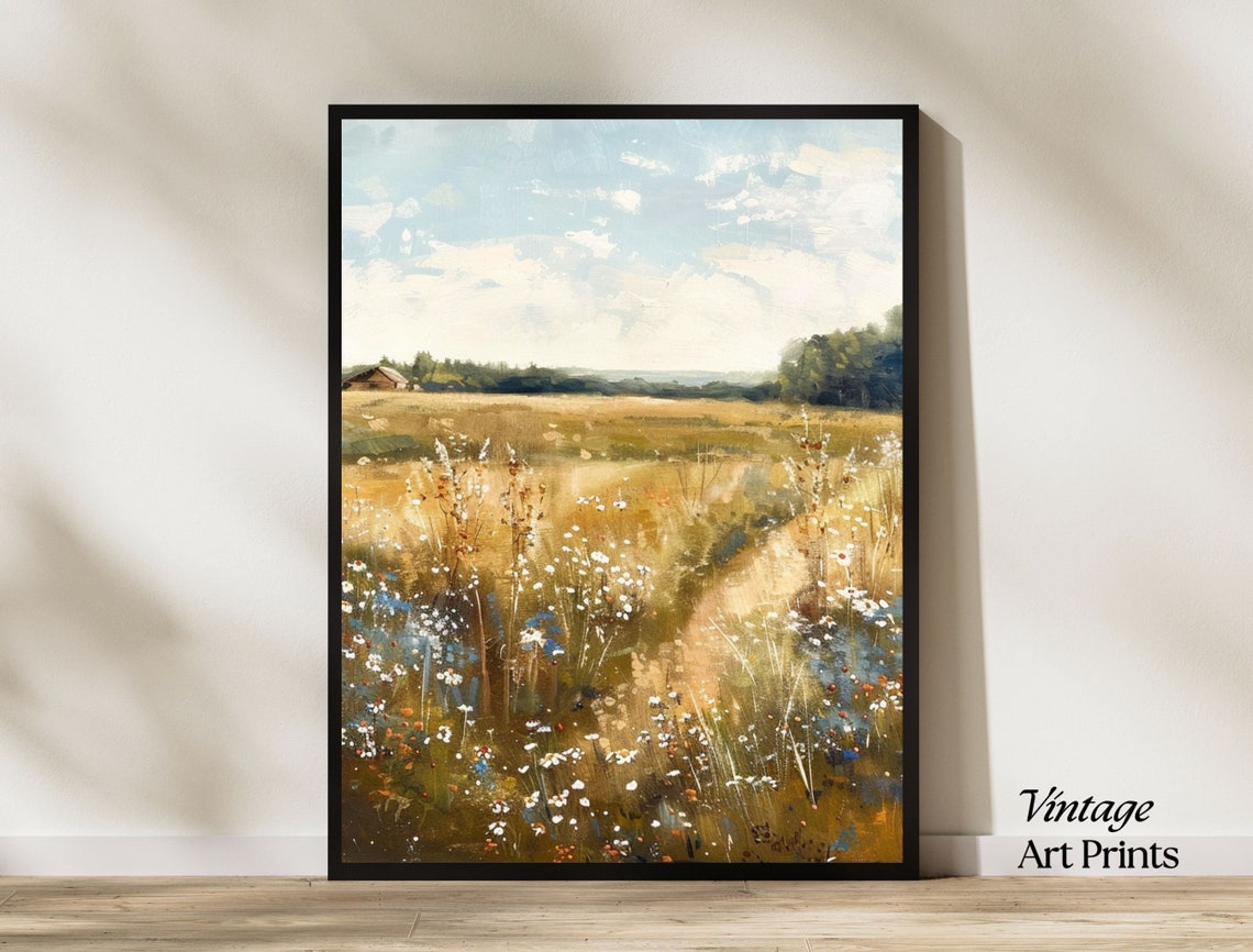 Vintage Golden Meadow Wildflower Landscape Oil Painting Print