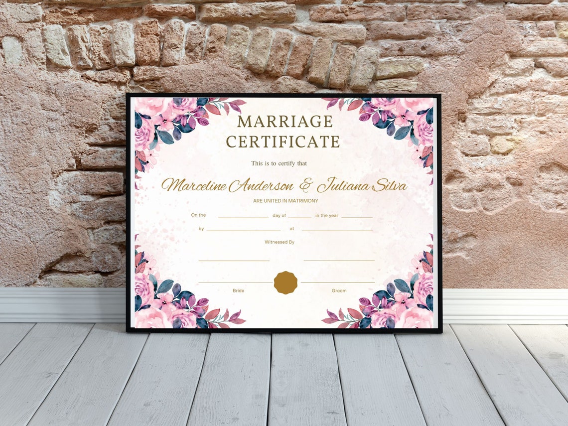 Editable Marriage Certificate Template Watercolor Floral Canva Print - Image 3