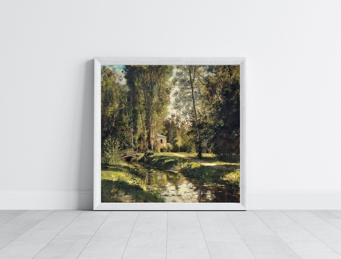 Vintage Forest Stream with a Wooden Bridge Impressionist Poster - Image 4