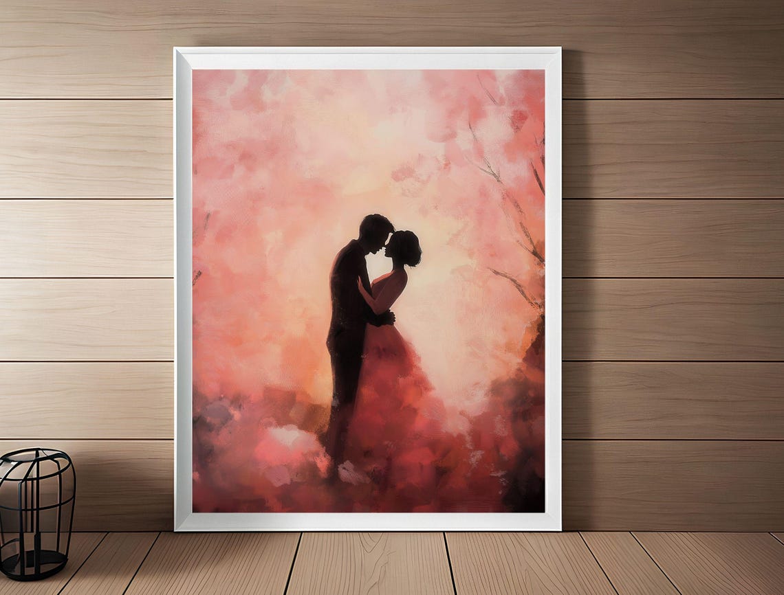 Romantic Couple Embrace Blush Pink Blossom Silhouette Art Print - Image 3