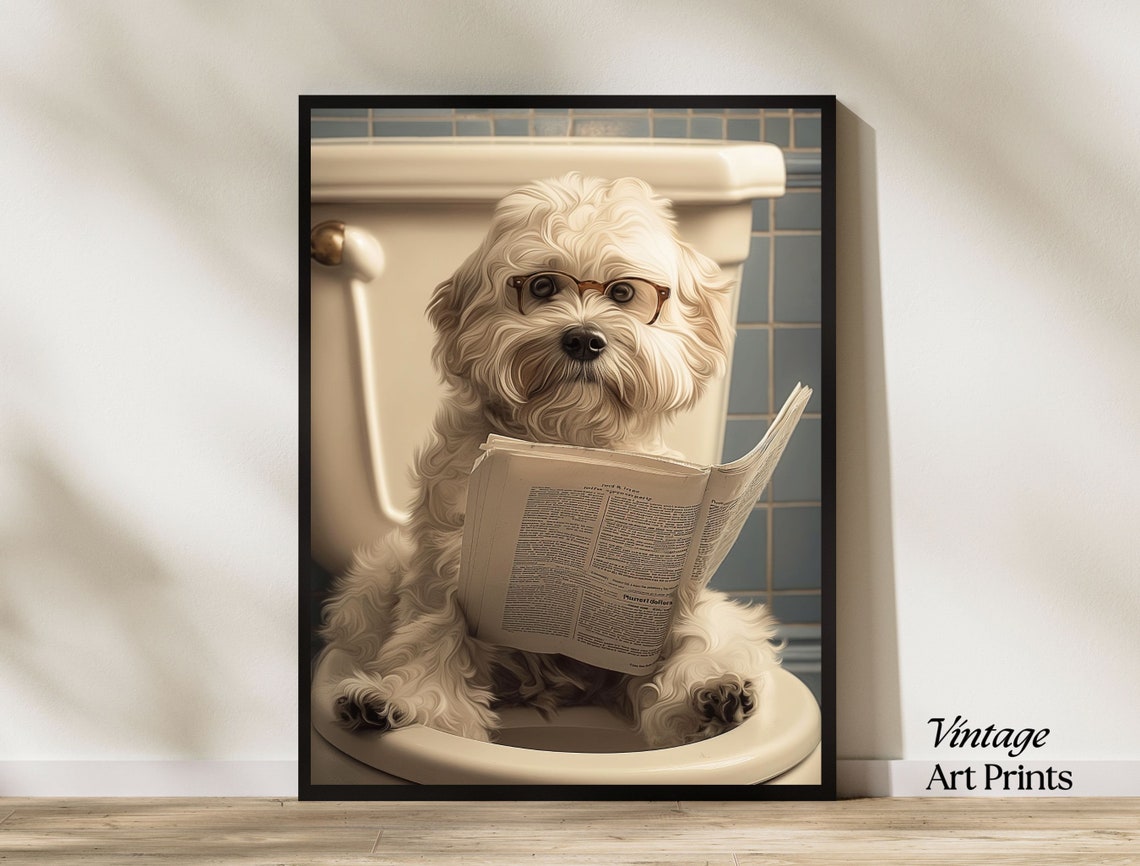 Funny White Dog Reading Newspaper on Toilet Vintage Bathroom Poster
