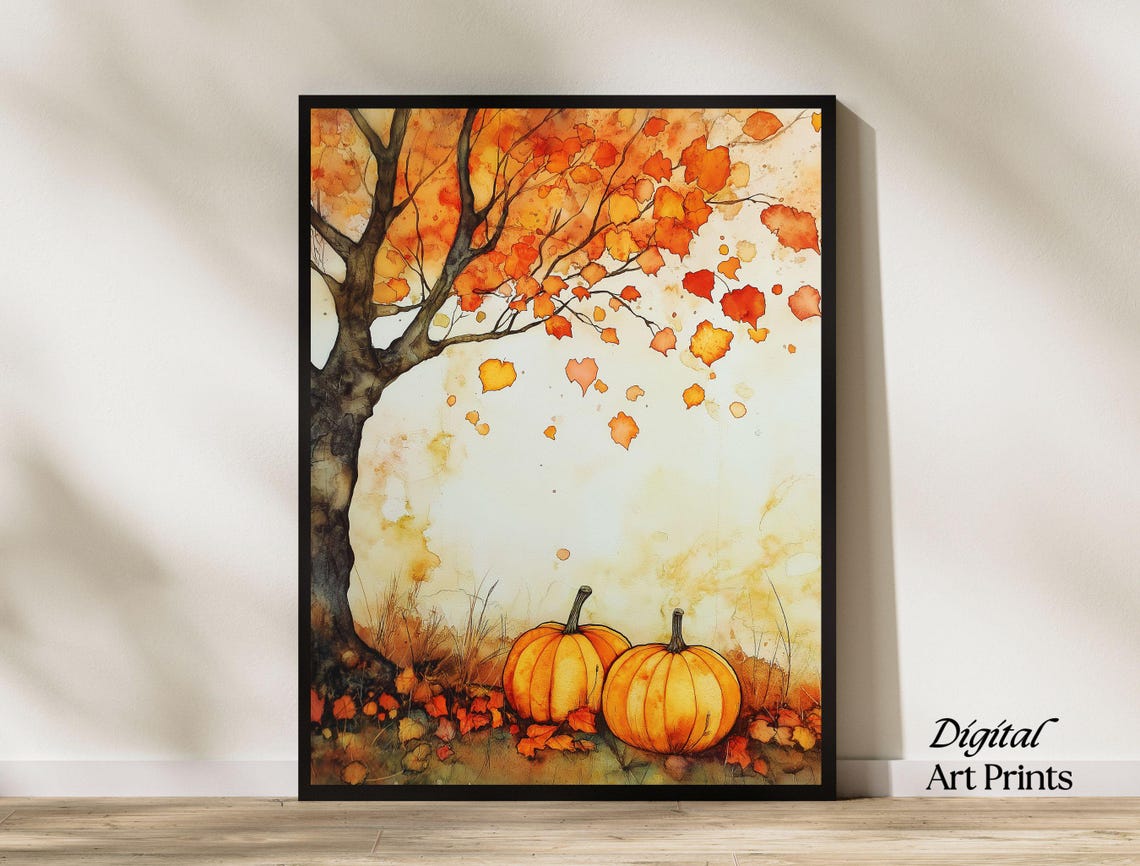 Autumn Tree Showering Orange Leaves Over Two Pumpkins Poster