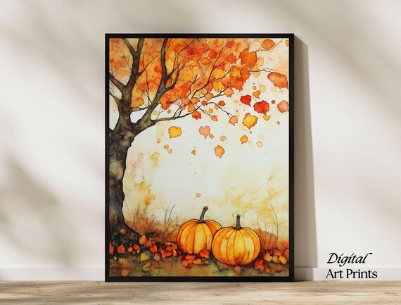 Autumn Tree Showering Orange Leaves Over Two Pumpkins Poster