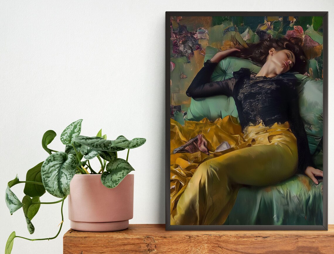 Decadent Young Woman Reclining Moody Vintage Portrait Oil Painting Poster - Image 2