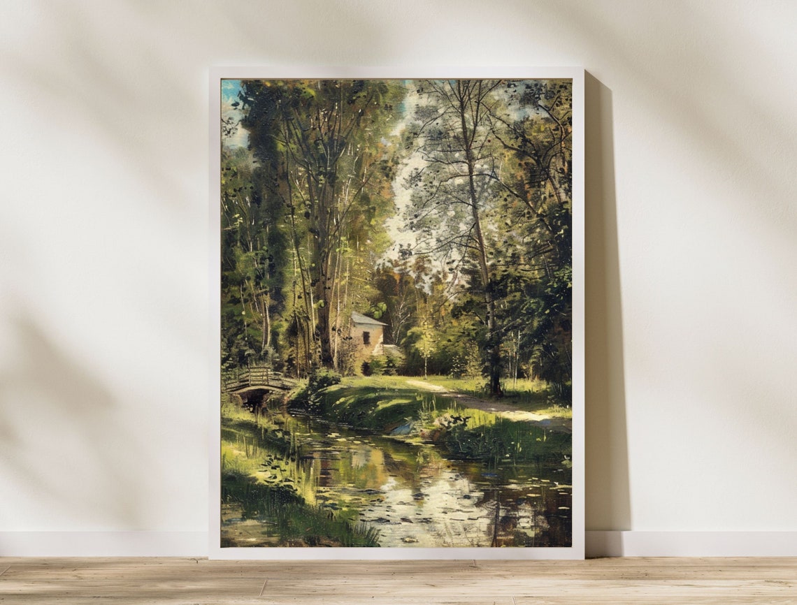 Vintage Forest Stream with a Wooden Bridge Impressionist Poster - Image 8