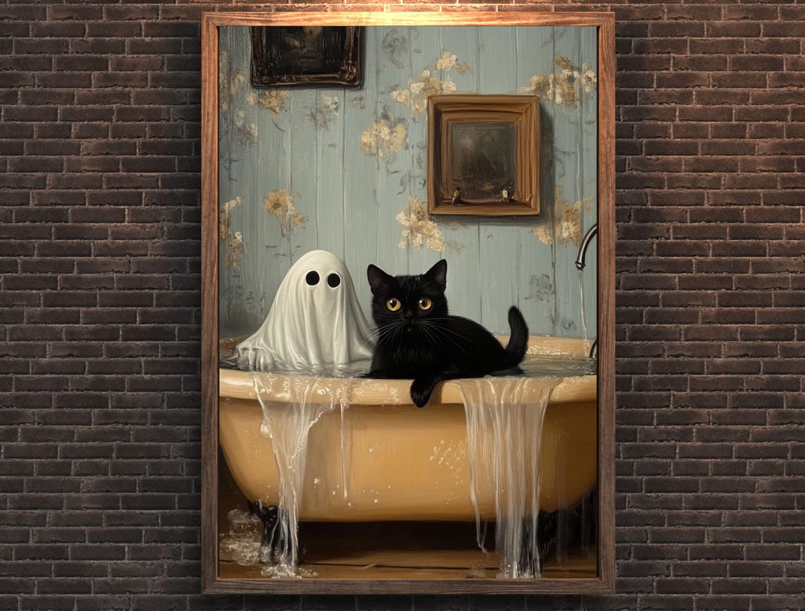 Black Cat and a Cute Ghost in a Spooky Overflowing Bathtub Poster - Image 6
