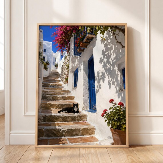 Santorini Cat Print Mediterranean Alley Wall Art Greek Island Decor Digital Download
