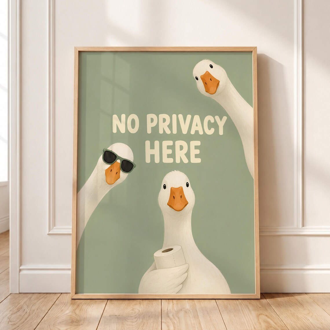 No Privacy Here Funny Goose Trio Sage Green Bathroom Wall Art