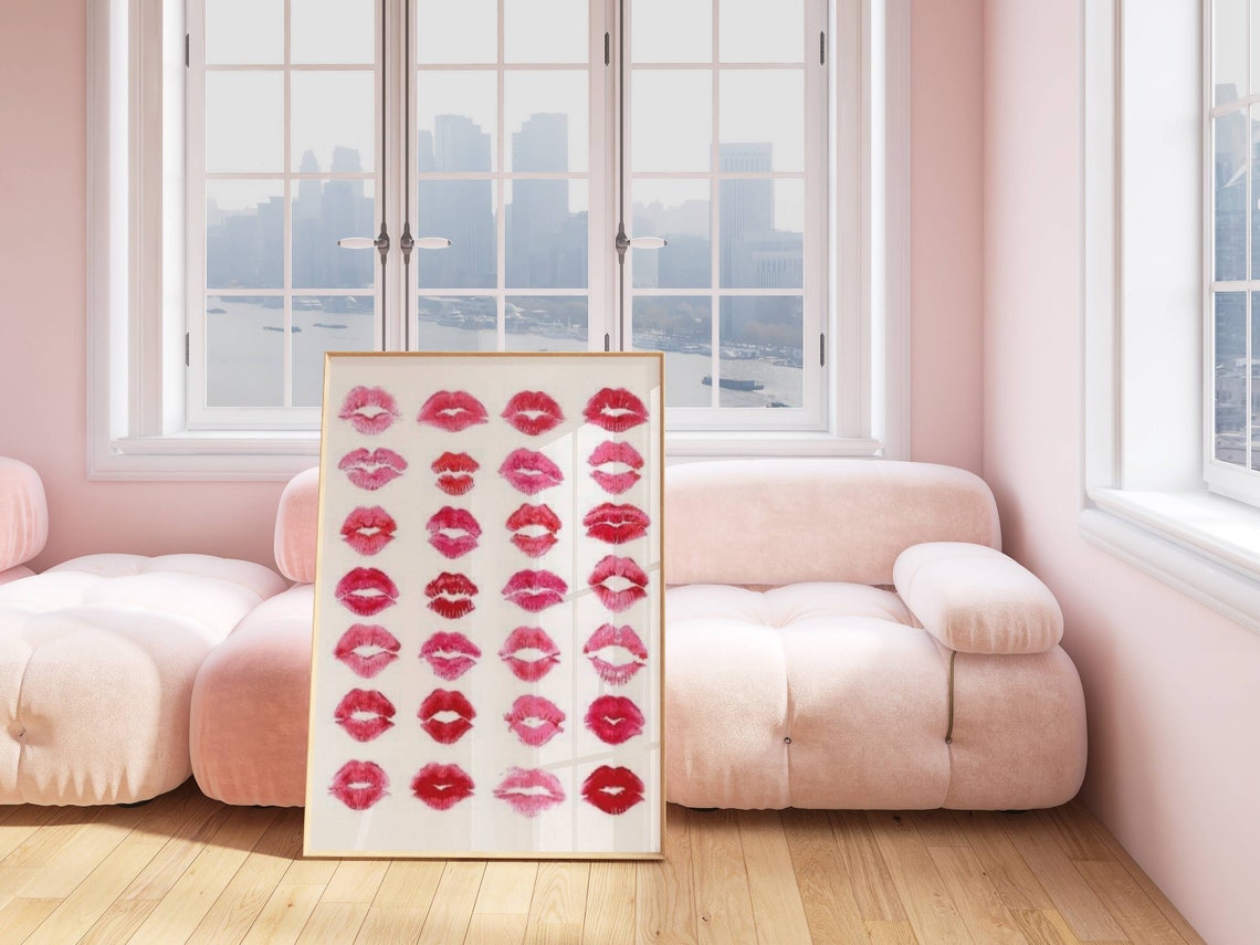 Pink Red Lipstick Lip Mark Wall Art Print Dorm Decor Funky Wall Art Retro Art Print Preppy Room Decor Pink Maximalist Decor