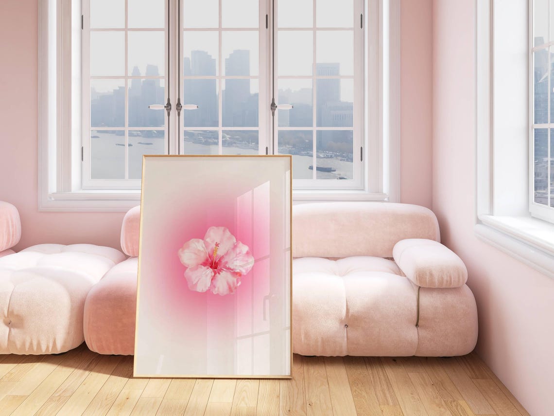 Pink Hibiscus Bloom Aura Glow Soft Pink Watercolor Minimalist Poster - Image 3