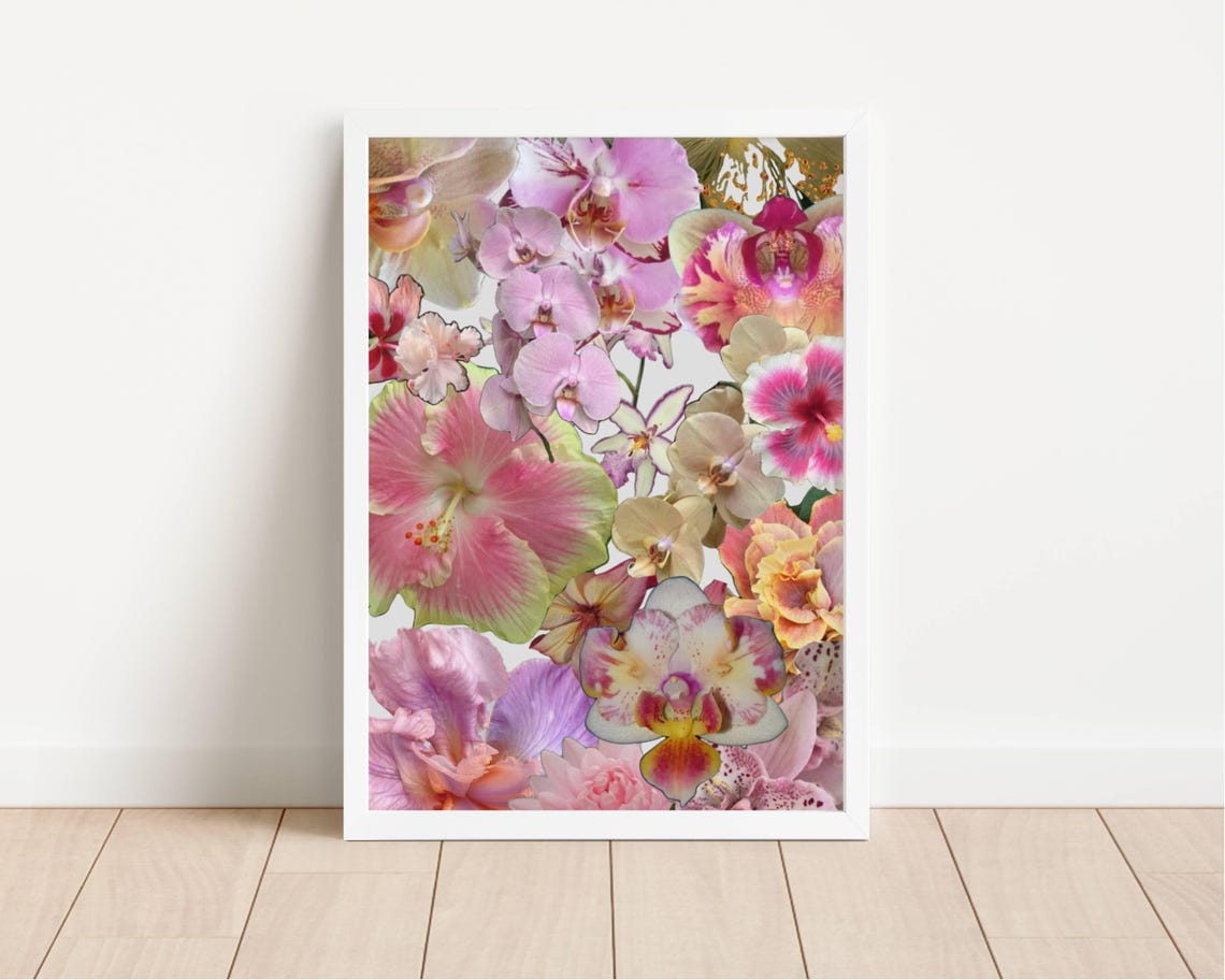 Pink Orchid Hibiscus Tropical Floral Collage Botanical Wall Art Poster - Image 2