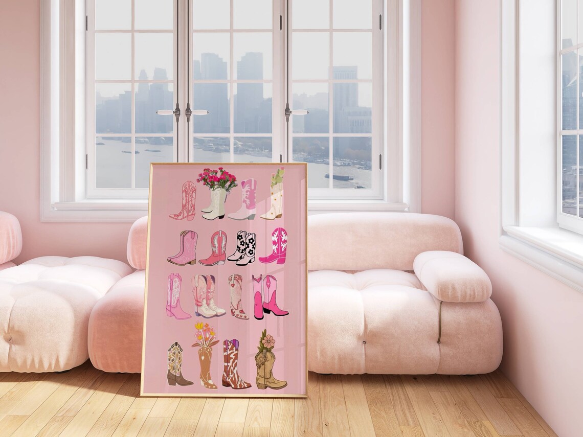 Pink Cowboy Boots Grid Western Preppy Dorm Room Decor Poster