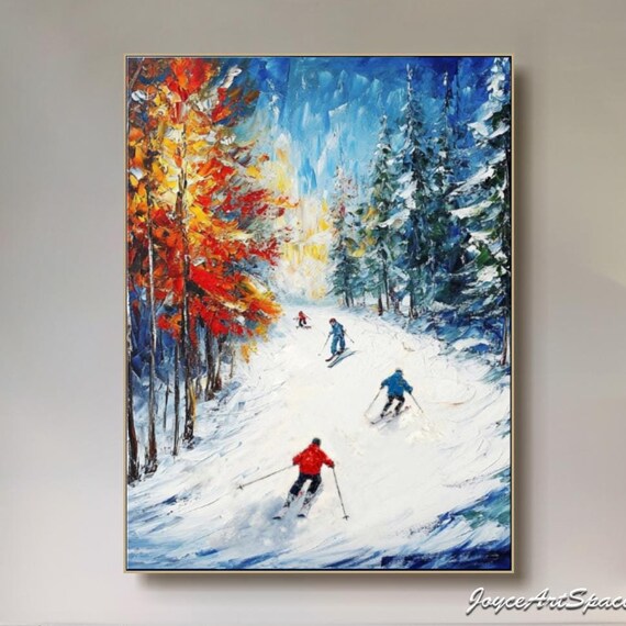 Ski Sport Oil Painting On Original Snow Skiing Wall Art White Texture Wall Art Personalized Gift For Skier Snowy Mountain Wall Decor