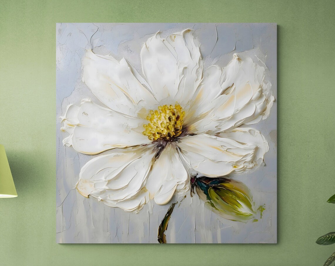 White Daisy Bloom Blue Gray Background Textured Floral Wall Poster - Image 3