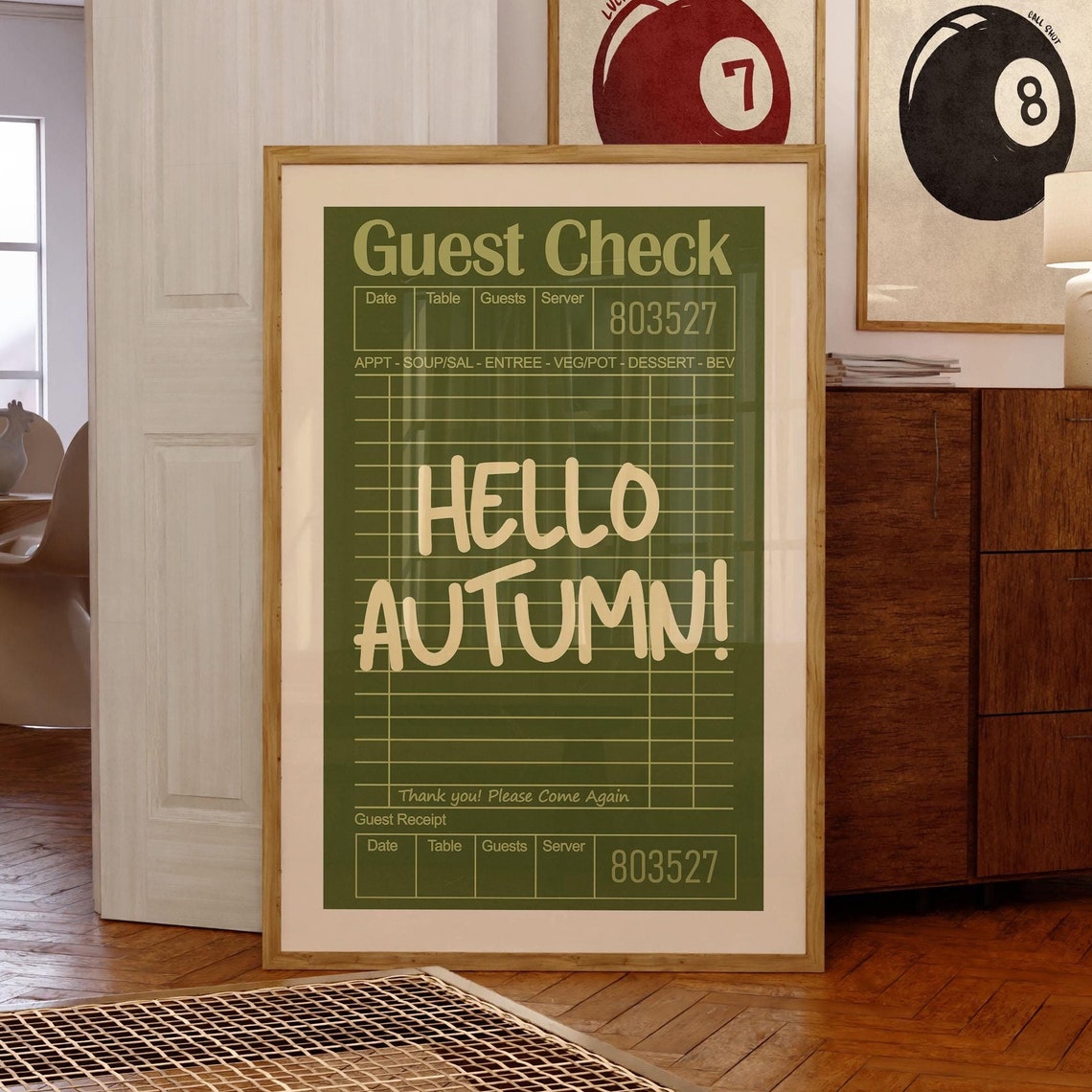 Hello Autumn Retro Guest Check Fall Kitchen Decor Quote Poster
