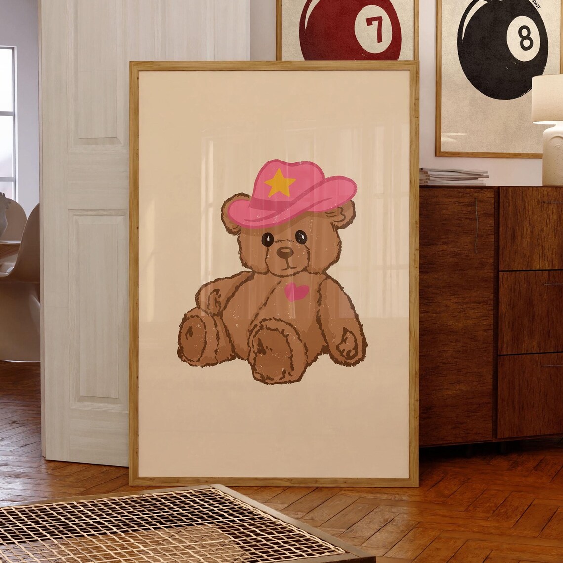 Teddy Bear In Pink Cowgirl Hat Cute Vintage Nursery Room Poster