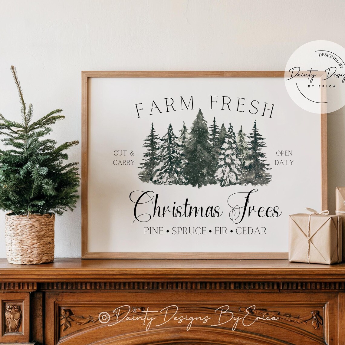 Farm Fresh Christmas Trees Watercolor Sign Poster Farmhouse Decor