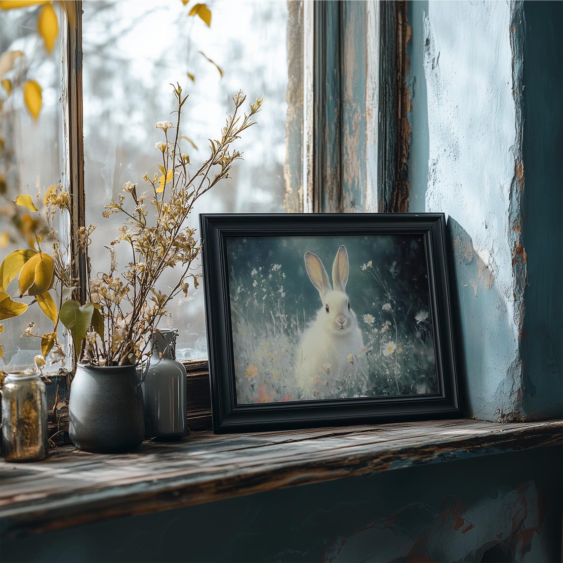 White Bunny in Moody Sage Wildflower Meadow Vintage Nursery Wall Art - Image 4