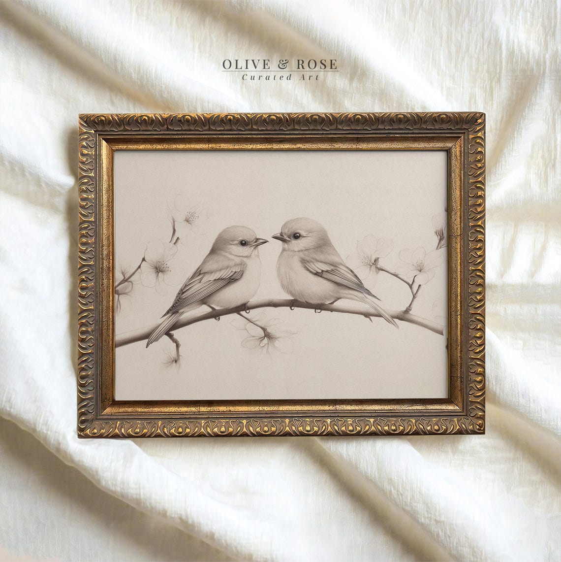 Two Songbirds On Branch Sepia Sketch Vintage Romantic Bird Poster